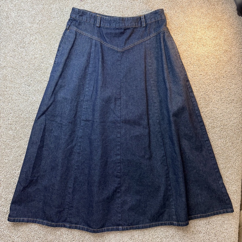 Orvis Skirt Womens 10 Blue Denim Midi A-Line Full Zip Button Workwear Fall